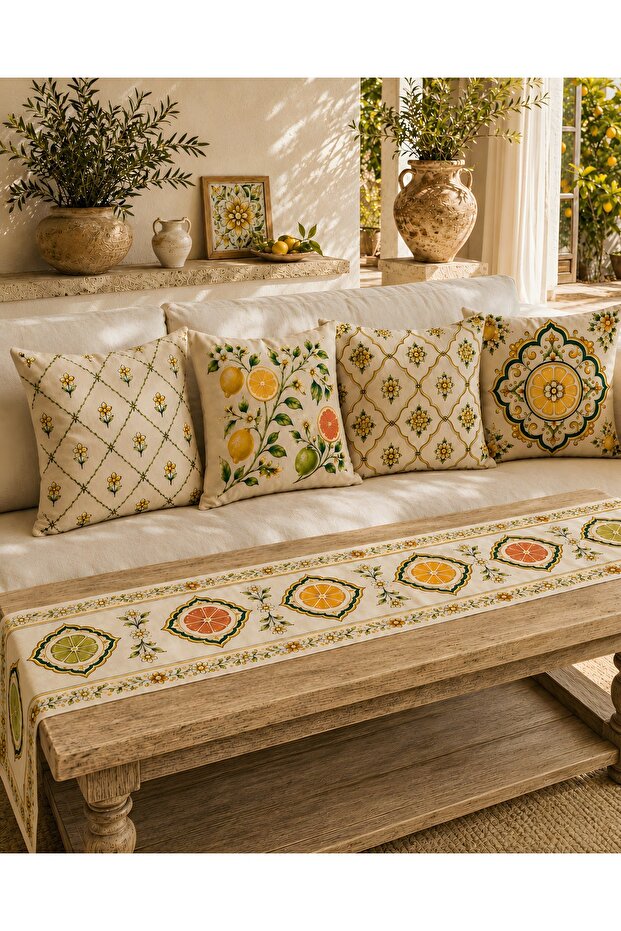 Throw Pillow Cover and Runner Set Mediterranean Citrus, Decorative Sofa and Coffee Table Set