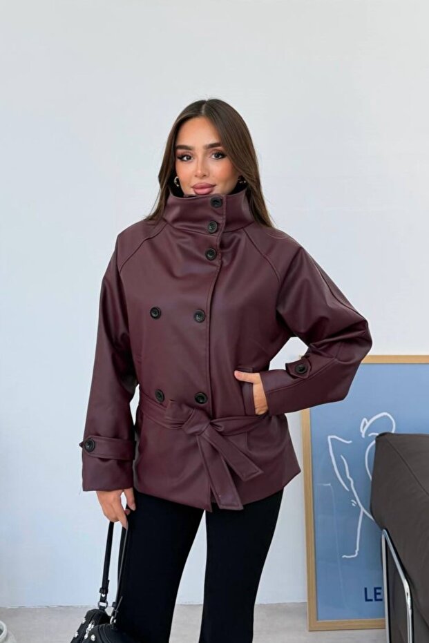 Short Faux Leather Trench Coat Jacket