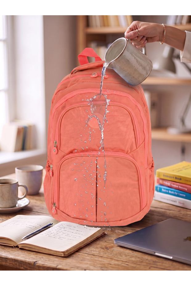 Unisex Waterproof Multi-Compartment Crinkle Fabric School Bag Laptop Bag