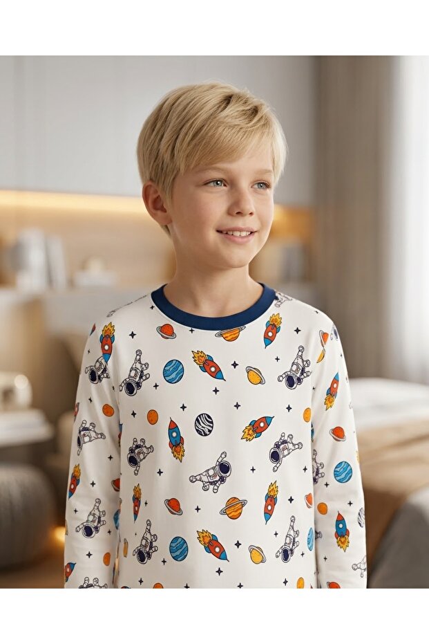 Unisex Children's Space Patterned 100% Cotton Pajama Set