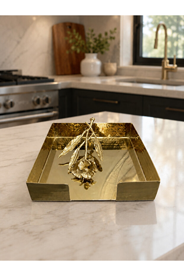 Flower Branch Detailed Brass Napkin Holder and Presentation Tray – 14X14X6 cm