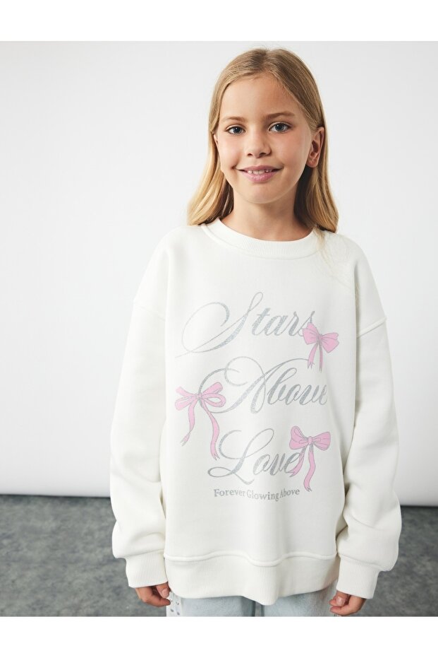 Bow Detailed Ruffled Long Sleeve Crew Neck Sweatshirt