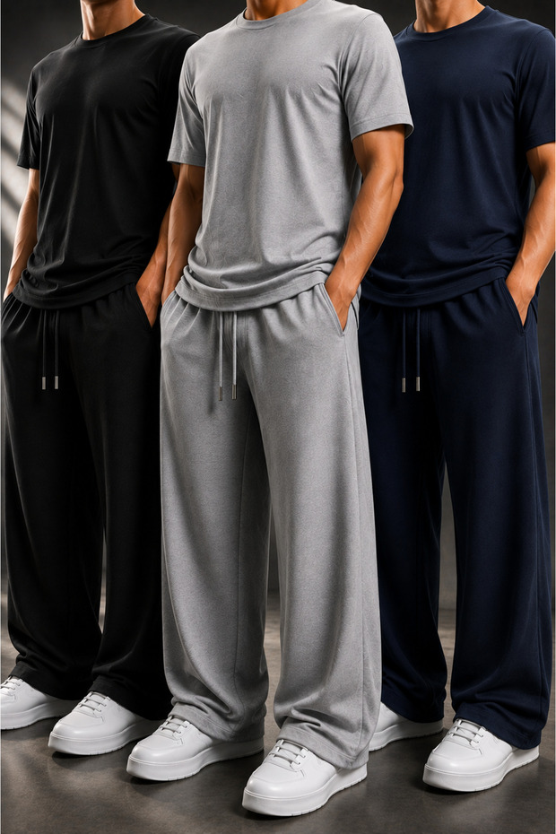3 Pieces of Modern Cut Men's Sweatpants (Black+Grey+Navy Blue) with Ribbon, Suitable for Winter