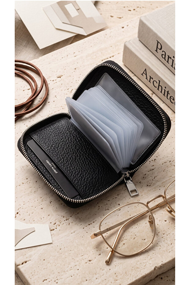 Men's Zipper Closure Card Holder Leather Wallet - Transparent with 12 Card Compartments