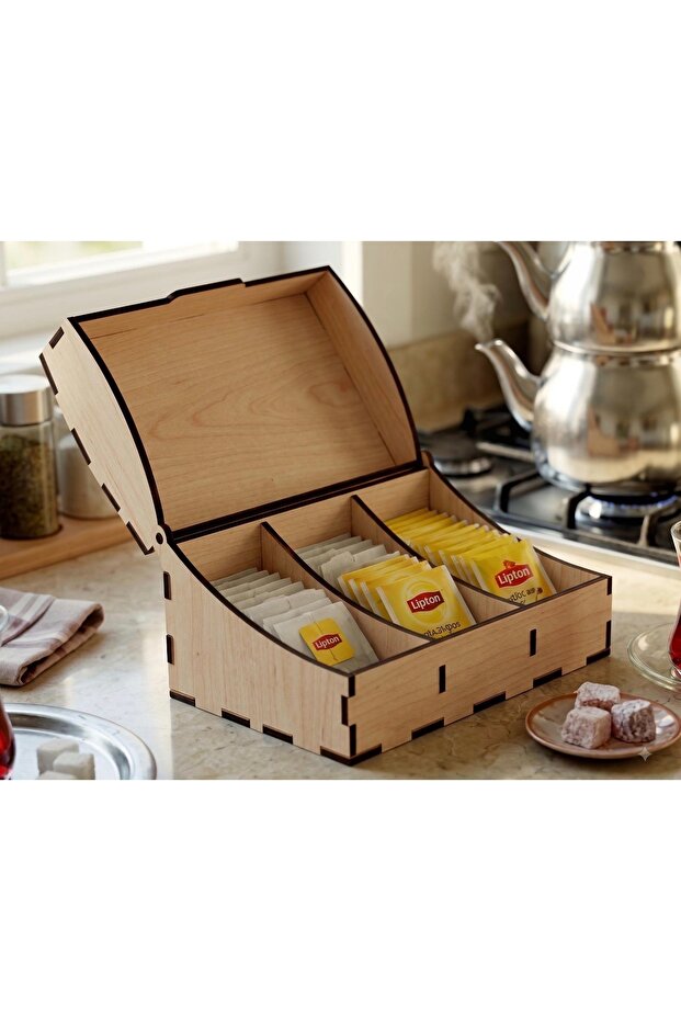 🍵 Wooden Tea Organizer Box 🪵 3-Compartment Tea Box with Lid ☕ Tea Regulator 🎁 Gift