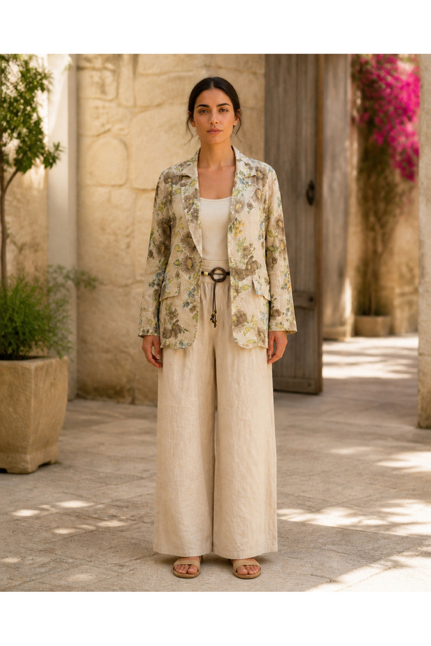 Beige Color Botanical Floral Patterned Linen Jacket and Trousers Set