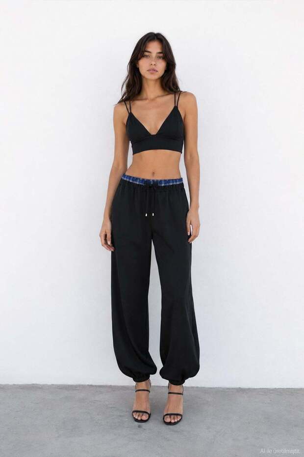 Plaid Detailed Shalwar Trousers Black