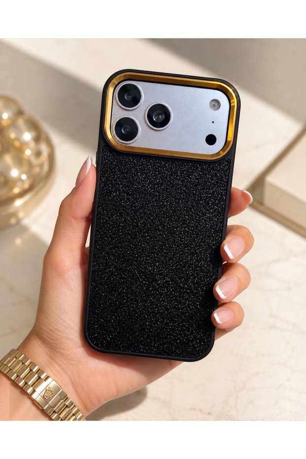 iPhone 17 Pro Compatible Gold Framed Sparkling Shiny Luxury Case