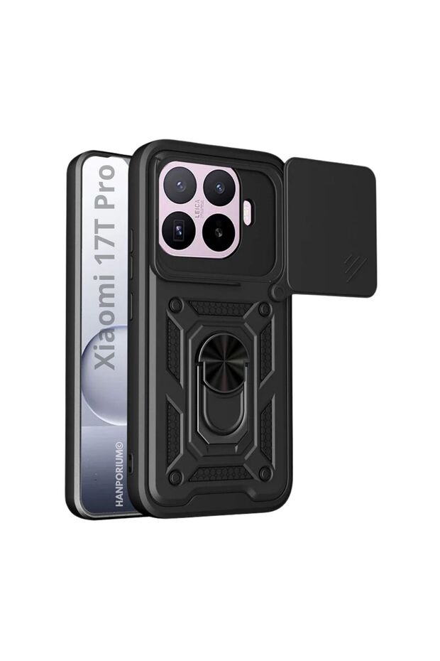 Xiaomi 17t Pro Compatible Tank Case with Ring Stand Extra Impact Protection Armored Outdoor Cover Black