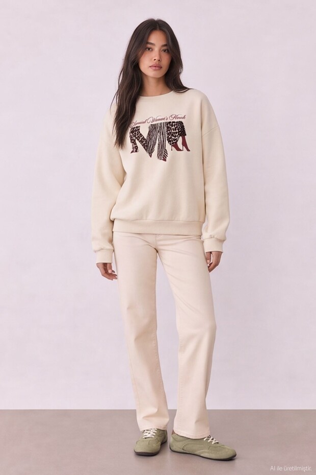 Printed Detailed Sweatshirt Beige