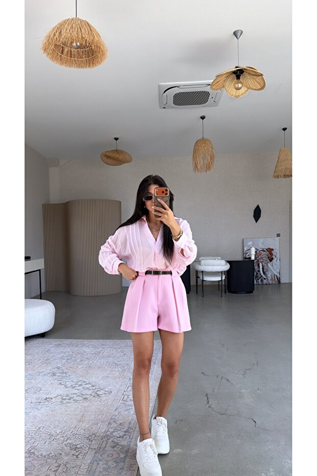 Candy Pink Self-Belted Thick Britli Fabric Shorts
