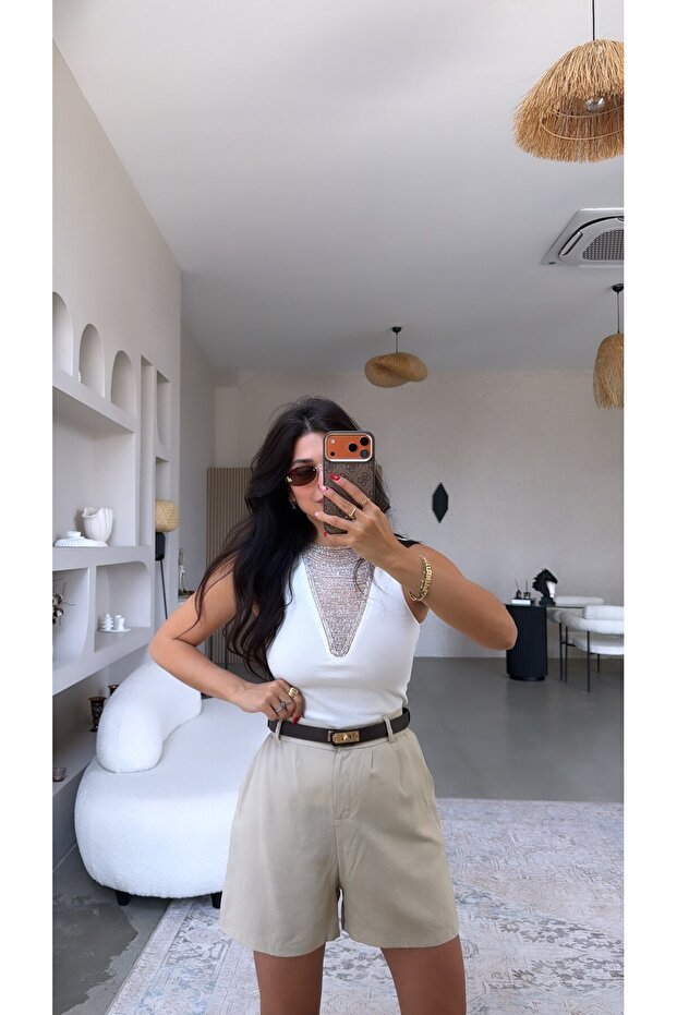 Beige Linen Premium Belted Shorts