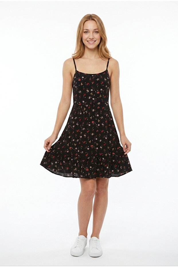 Women's Floral Thin Strap Ruffle Hem Sleeveless Summer Stylish Casual Model Dress