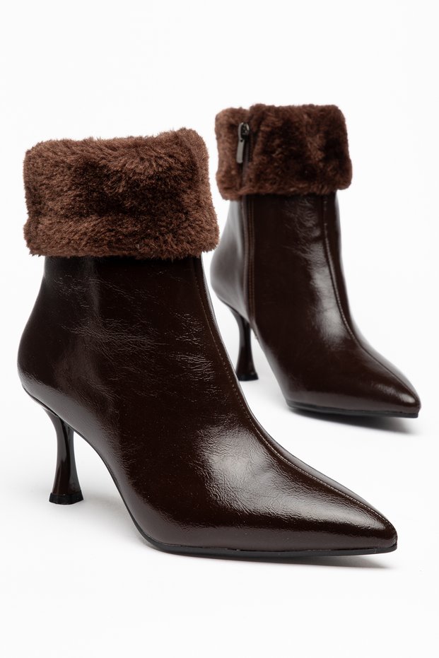 Women's Fur-Lined Thin Heeled Bitter Brown Boots