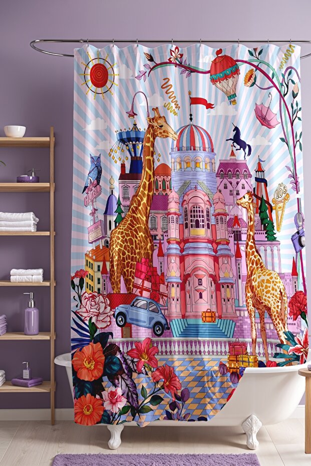 Palace and Giraffe Patterned Bathroom Curtain, Shower Curtain, Bathtub Curtain 175X200Cm