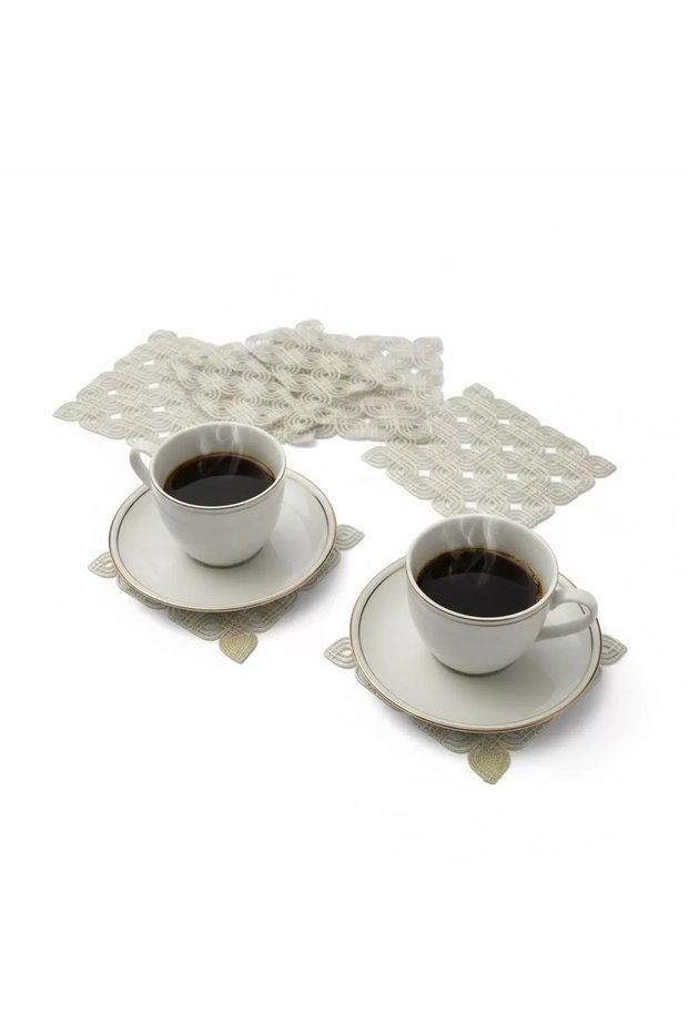 6-Piece Lace Coffee Presentation Set 15X15 cm Assorted Patterned Turkish Coffee Set