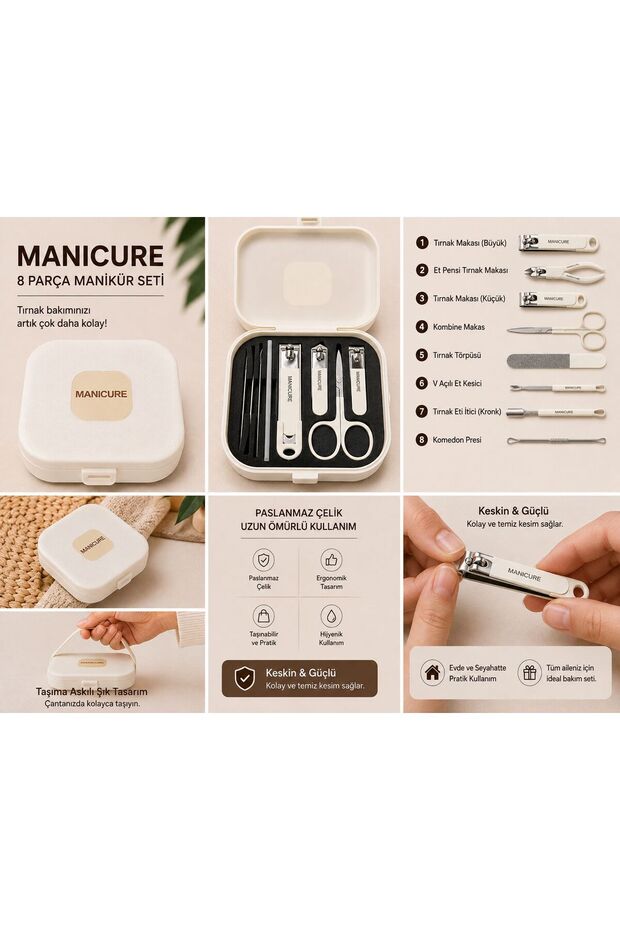 Manicure 8 Piece Professional Manicure Set – Portable, Travel Type Nail Care Set with Bag