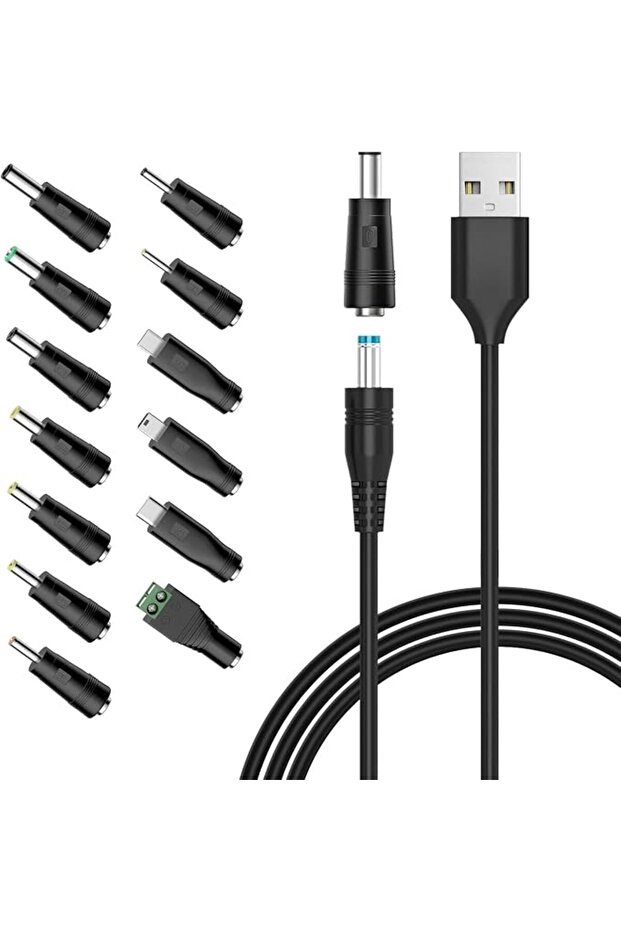 كابل USB إلى DC بطول 1.5 متر، مع 13 قابس محول عالمي، مناسب للكاميرات والراوترات والمسجلات، باللون الأزرق