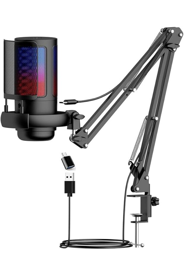 ميكروفون ألعاب RGB مع ذراع قابل للتعديل وفلتر بوب، ميكروفون مكثف USB بدقة 192 كيلو هرتز/24 بت، مزود بخاصية إلغاء الضوضاء، قابل للطي