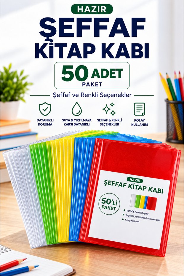 Ready Transparent Book Container - Self-Plug - Durable, Waterproof, Transparent Colored (50 Pieces)