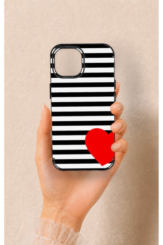 iPhone 15 Compatible Striped Red Heart Pattern Silicone Case