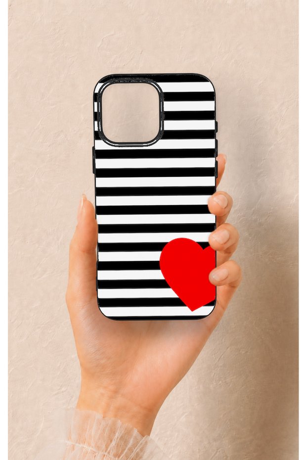 iPhone 16 Pro Max Compatible Striped Red Heart Pattern Silicone Case