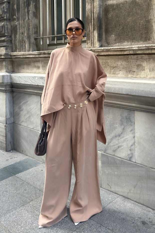 Women's Mink Metal Belt Detailed Oversize Bat Sleeve Blouse Palazzo Pants Set