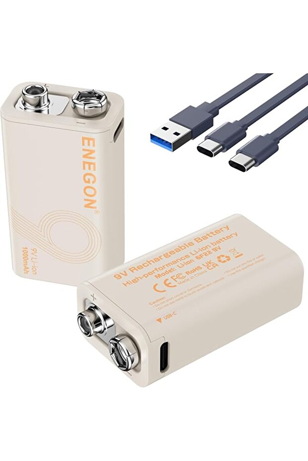 بطارية ENEGON 9V قابلة لإعادة الشحن، بطاريات ليثيوم عالية السعة 3700 مللي واط/ساعة، مع كابل شحن سريع USB-C