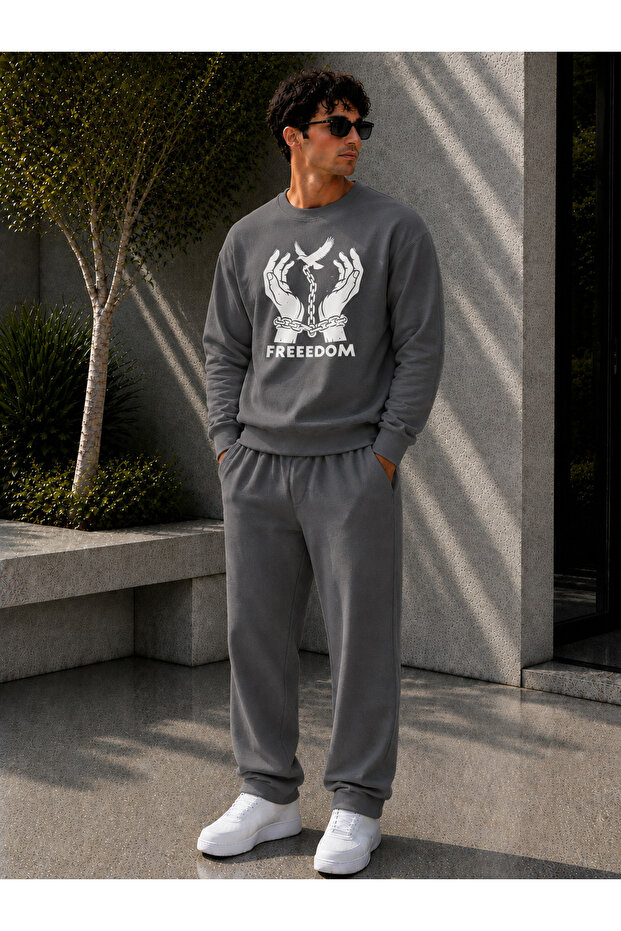 Men's Freedom Printed Crew Neck Regular Fit Men's Tracksuit Set / Straight Leg Bottom
