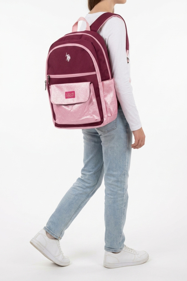 U.S Polo Children's Backpack Purple Pink Glitter Zippered Multi-Compartment Adjustable School Bag Plcan 26053