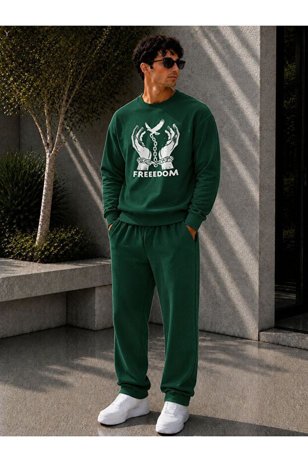 Men's Freedom Printed Crew Neck Regular Fit Men's Tracksuit Set / Straight Leg Bottom