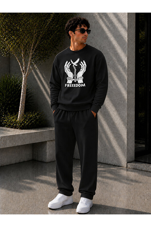 Men's Freedom Printed Crew Neck Regular Fit Men's Tracksuit Set / Straight Leg Bottom