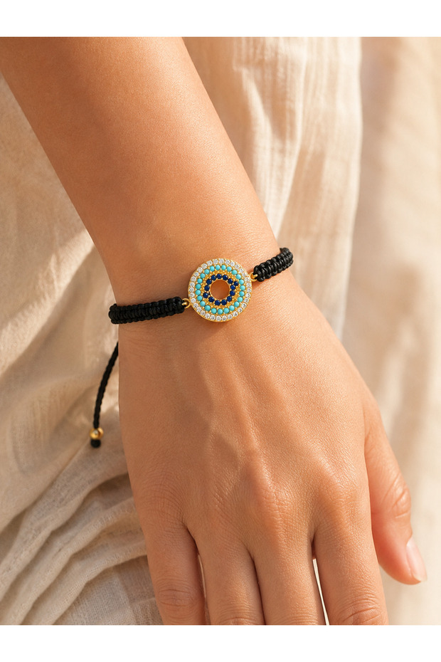 Black Braided Zircon Stone, Hollow Center, Round Evil Eye Motif, Gold Detailed Adjustable Women's Bracelet