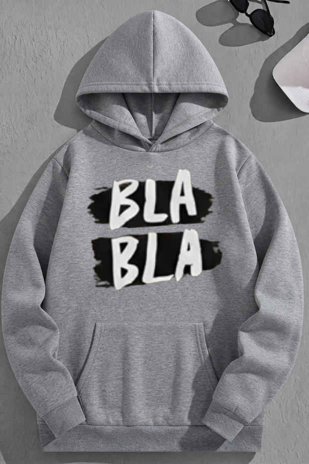 Unisex 3 Thread Cotton Gray Blabla Print Loose Fit Sweatshirt Hoodie