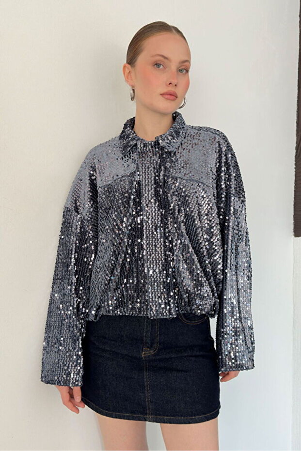 Sequin Velvet Coat - Anthracite | F2026