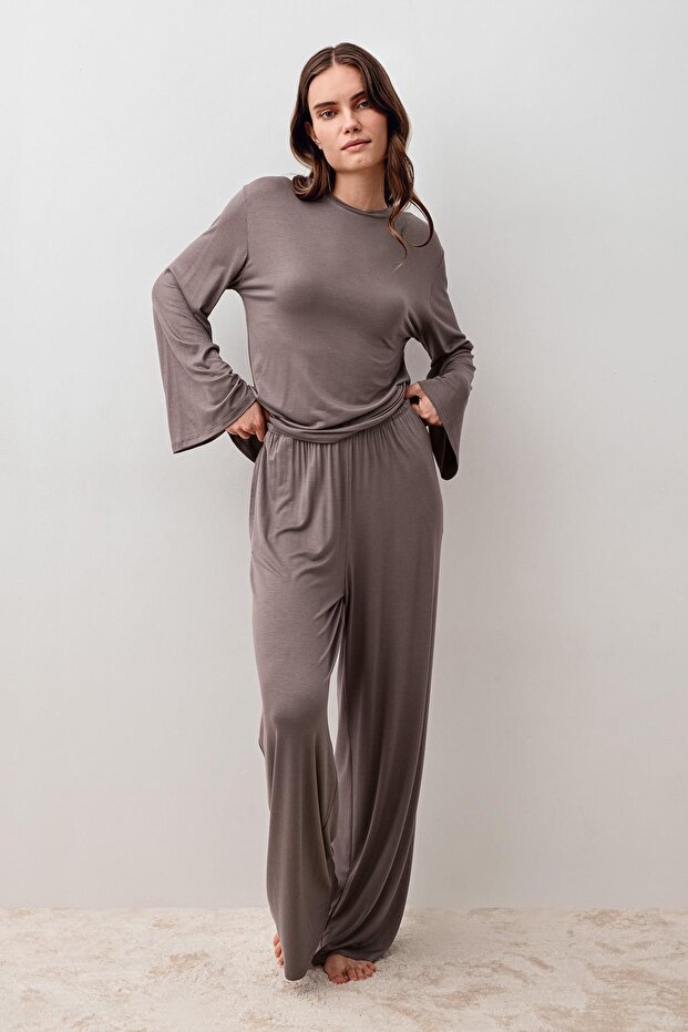 Long Sleeve Oversize Basic Lycra Viscose Top and Bottom Set
