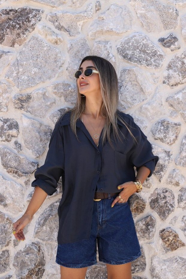 Vintage Navy Blue Viscose Standard Size Shirt