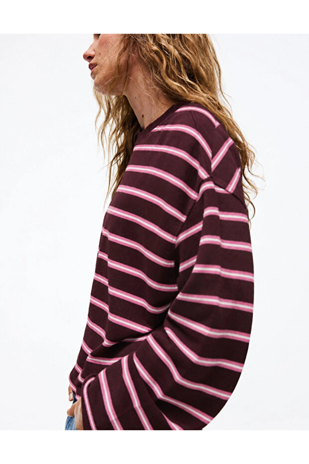 Women's Viral Fuchsia Oversize Long Sleeve Striped T-Shirt 13113