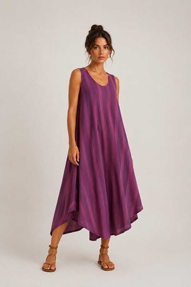 Asymmetrical Cut Striped Sleeveless Dress