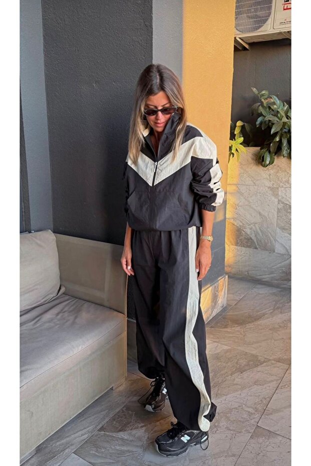 Black Elastic Waist Parachute Suit - 7397