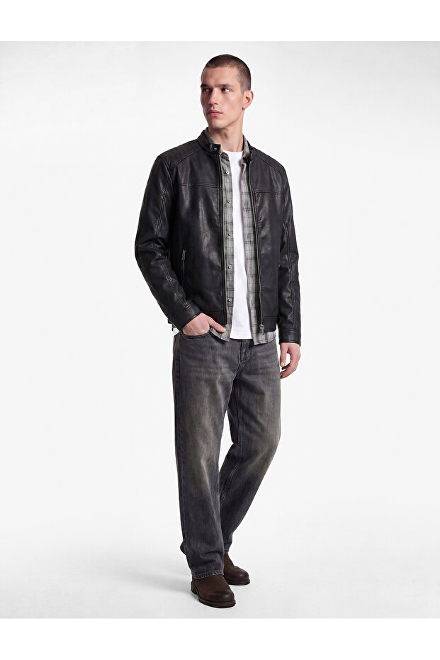 Long Sleeve Shirt Collar Pocket Zipper Faux Leather Jacket