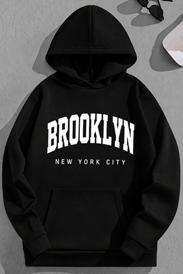 Unisex 3 Thread Cotton Black Brooklynnyc Print Loose Fit Sweatshirt Hoodie