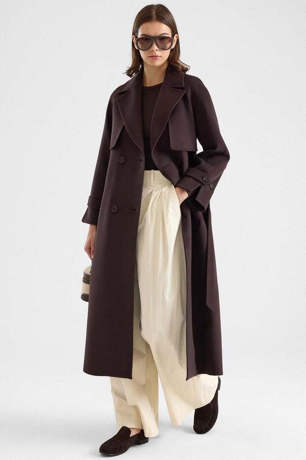Long Premium Fabric Coat with Cape and Punto Stitching Detail. Brown 3183
