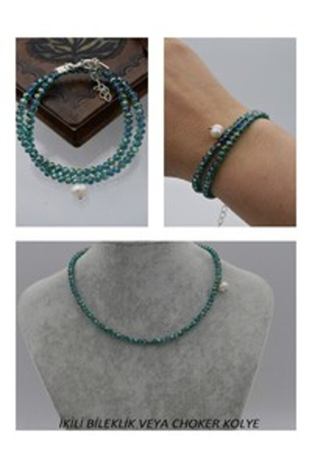 Pearl and Crystal Bracelet or Choker Necklace - Green -