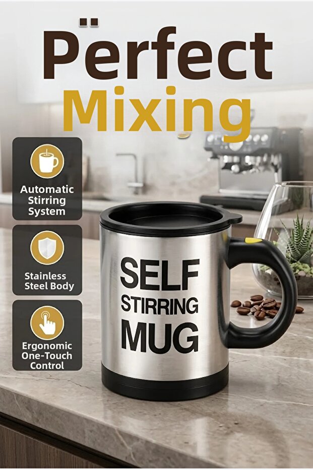 Stainless Steel Thermal Mug with Automatic Stirrer – One-Touch Operation