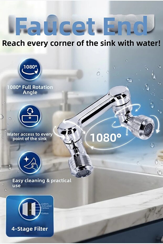 1080 °   Rotating Head 4-Filter Faucet Nozzle Kitchen and Bathroom Appliance
