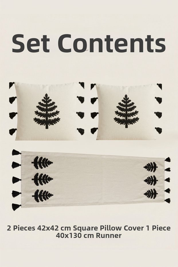 Tree Embroidered Cushion Runner Set – 2 Pieces 42X42 cm Cushion Covers + 1 Piece 40X130 cm Runner