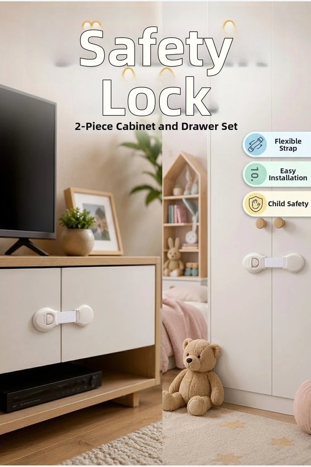 2-Pack Child Safety Locks with Flexible Straps – Cabinet and Drawer Protection Set