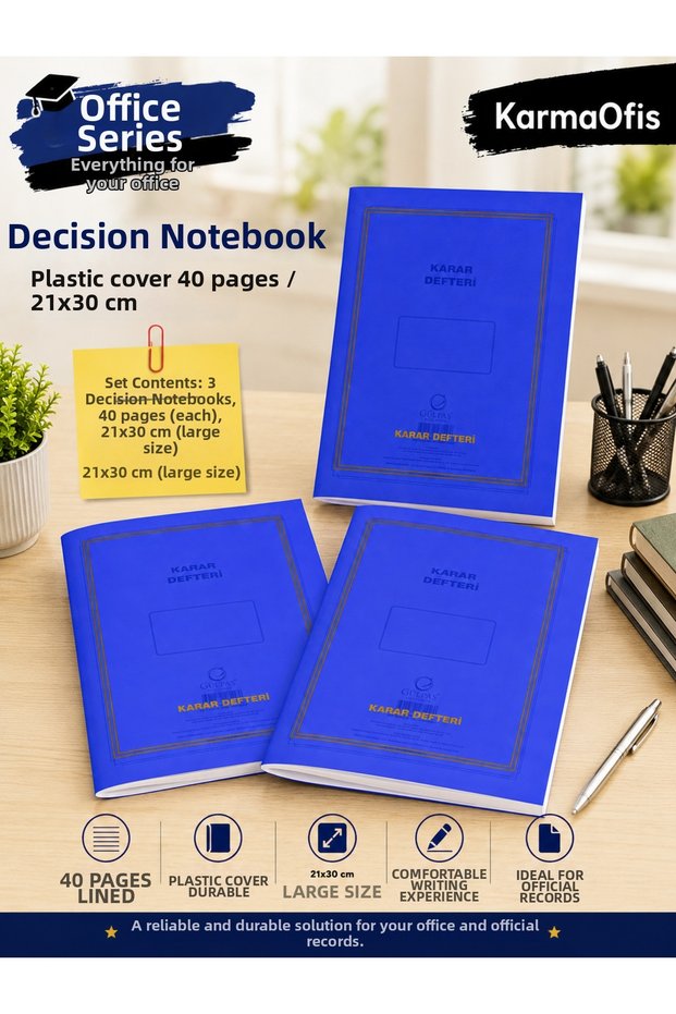 Decision Notebook Plastic Cover 40 Sheets 21X30 cm | Striped Office and Meeting Notebook 3 Pieces