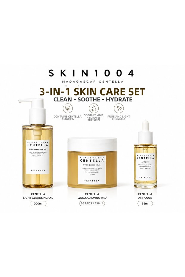 Madagascar Centella 3-Piece Skin Care Set - Cleansing Oil (200 ml) + Tonic Pad (70 Pieces) + Ampoule Serum (55 ml)